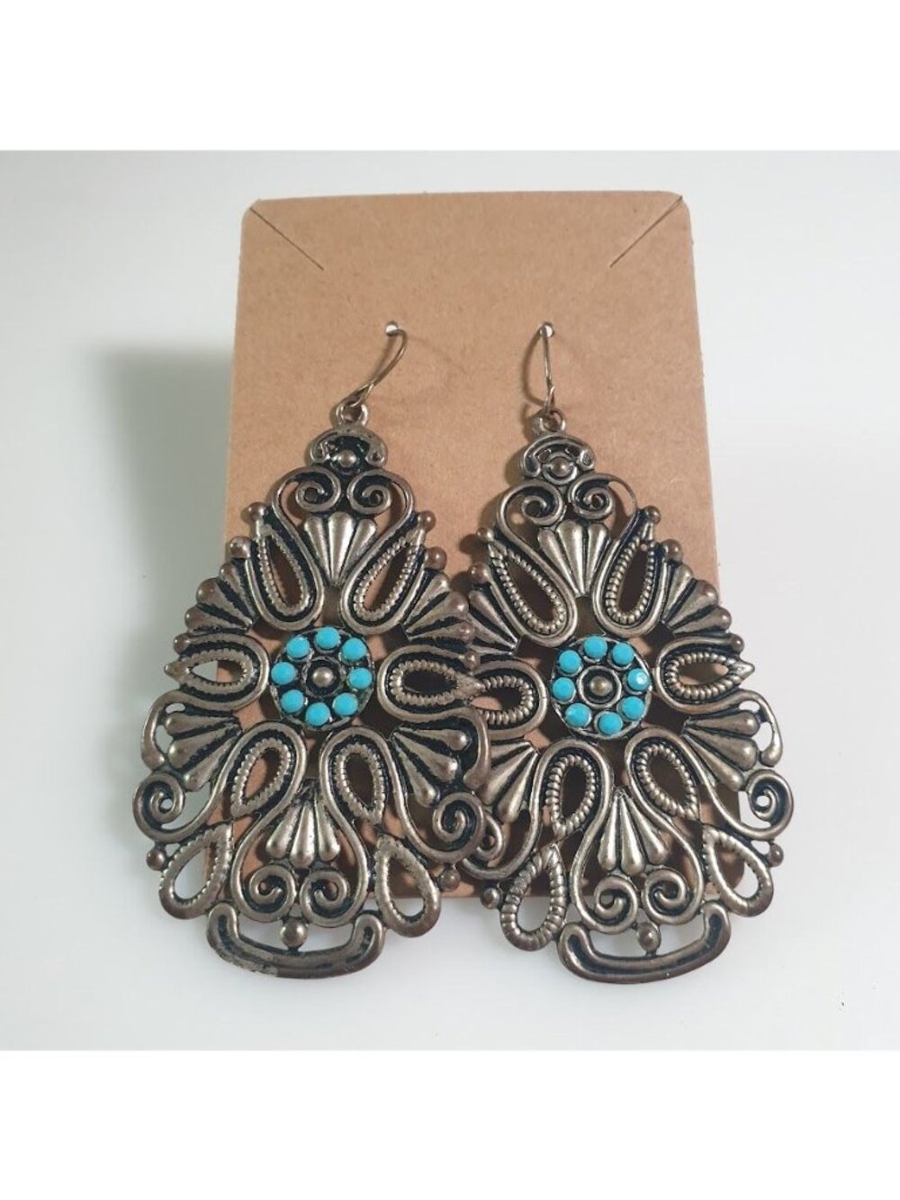 Vintage Silver Tone Teardrop Earrings Filigree Blue Boho Style Hook Earring Gift